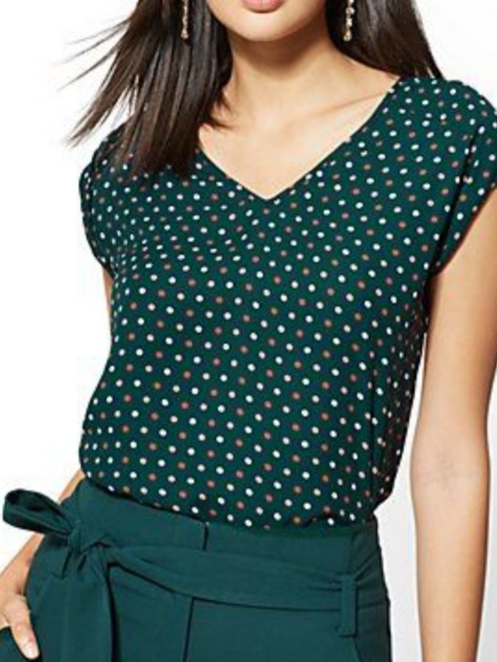 7th avenue design studio new york Co Red/White Polka Dot Top Green Size S V neck